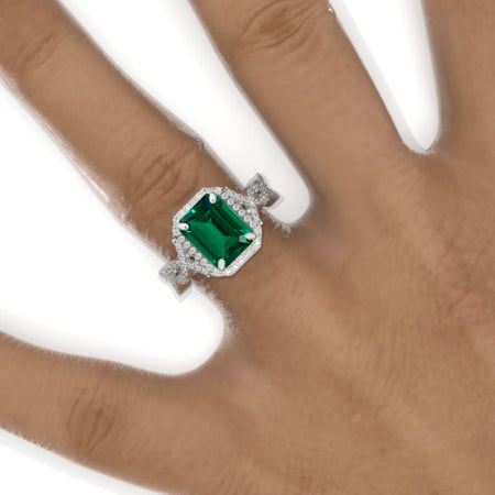 2 Carat Emerald Halo Emerald Twisted Shank  White Gold Engagement Ring Model 961-8x6mm