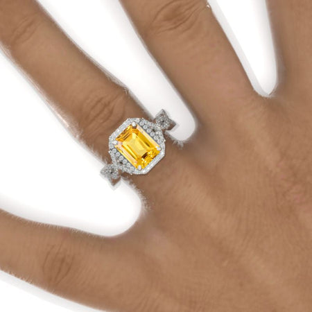 3 Carat Emerald Halo Yellow Sapphire Twisted Shank  White Gold Engagement Ring Model 961