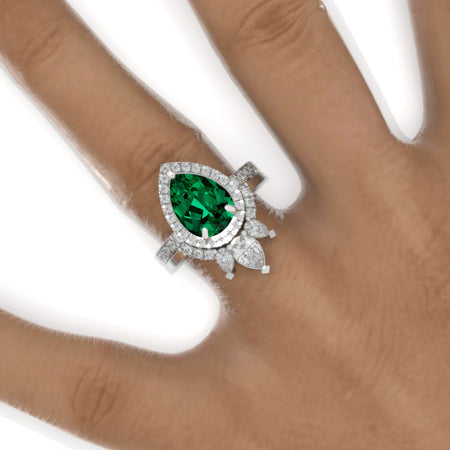 3 Carat Pear Emerald Halo Engagement Ring 14K White Gold Ring Set Model 963-11x7mm