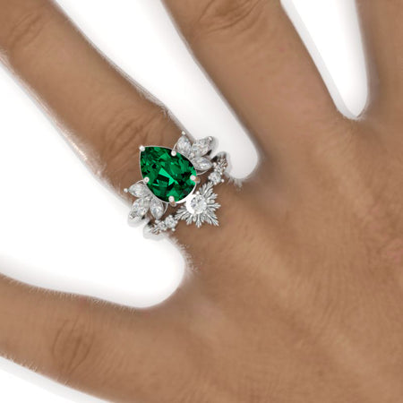3 Carat Pear Emerald  Halo Floral  Engagement Ring 14K White Gold Ring Set Model 964-11x7mm