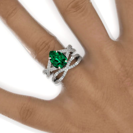 3 Carat Pear Emeralds Halo Twisted Engagement Ring 14K White Gold Ring Set