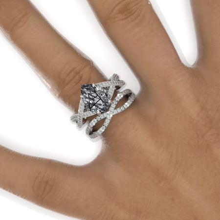 3 Carat Pear Natural Rutilated Quartz Halo Twisted Engagement Ring 14K White Gold Ring Set