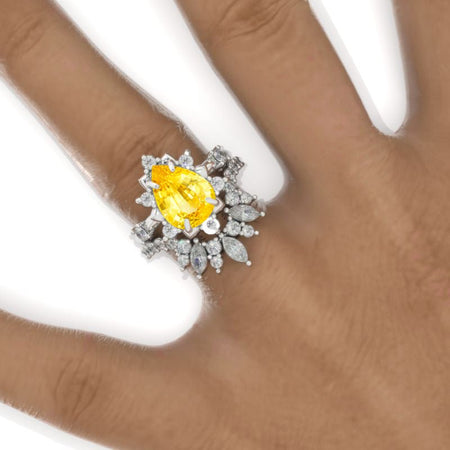 3 Carat Pear Yellow Sapphire Halo Floral Engagement Ring 14K White Gold Ring Set Model 967-11x7mm