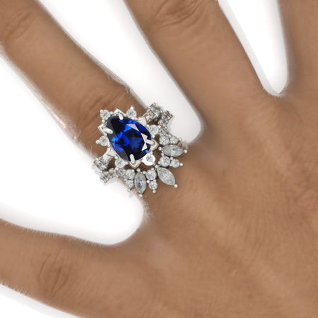 3 Carat Pear Royal Blue Sapphire Halo Floral Engagement Ring 14K White Gold Ring Set