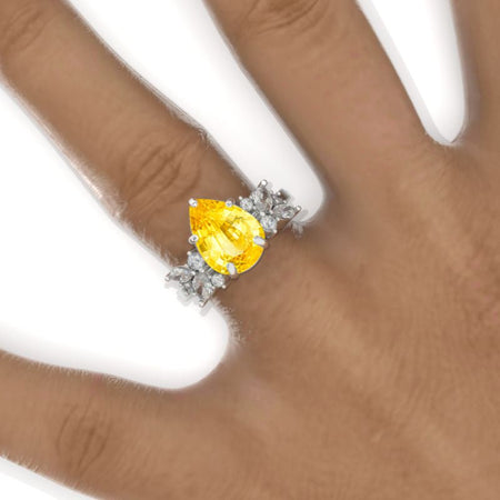 3 Carat Pear Yellow Sapphire Cluster 14K White Gold Engagement Eternity Ring Model 968-11x7