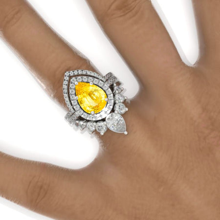 3 Carat Pear Yellow Sapphire Halo Engagement Ring 14K White Gold Ring Set Model 969-11x7mm