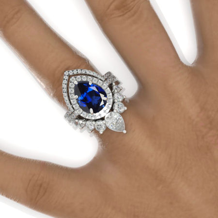 3 Carat Pear Royal Blue Sapphire Halo Engagement Ring 14K White Gold Ring Set