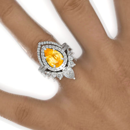 3 Carat Pear Genuine Yellow Citrine Halo Engagement Ring 14K White Gold Ring Set Model 969-11x7mm