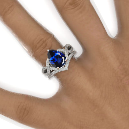 3 Carat Pear Royal Blue Sapphire Twisted 14K White Gold Engagement Eternity Ring Set