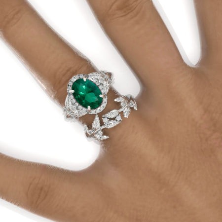 2 Carat Oval Emerald Halo Floral Engagement Ring Eternity Ring Set Model 972