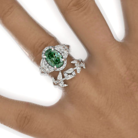 2 Carat Oval Green Moissanite Halo Floral Engagement Ring Eternity Ring Set Model 972