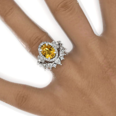 2 Carat Oval Yellow Sapphire Halo Floral Engagement Ring Eternity Ring Set Model 973