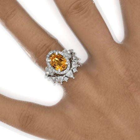 2 Carat Oval Genuine Yellow Citrine Halo Floral Engagement Ring Eternity Ring Set Model 973