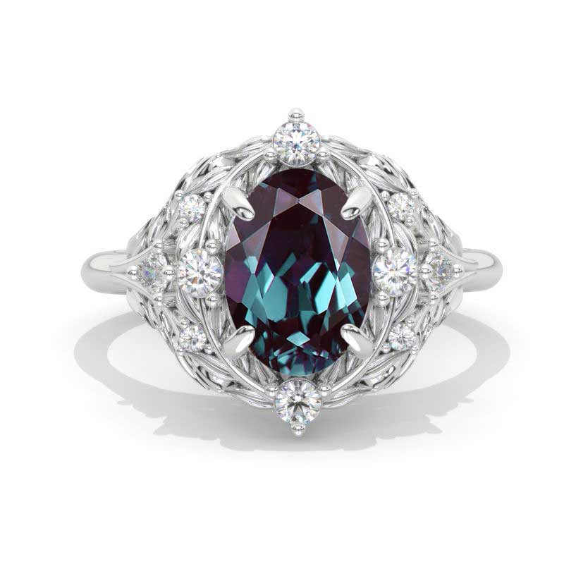 2 Carat Oval Alexandrite Floral Leaves Setting White Gold Engagement Ring