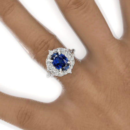 2 Carat Oval Royal Blue Sapphire Floral Leaves Setting White Gold Engagement Ring