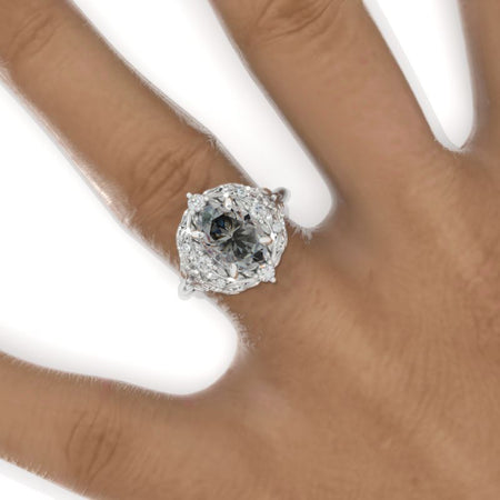 2 Carat Oval Gray Moissanite Floral Leaves Setting White Gold Engagement Ring