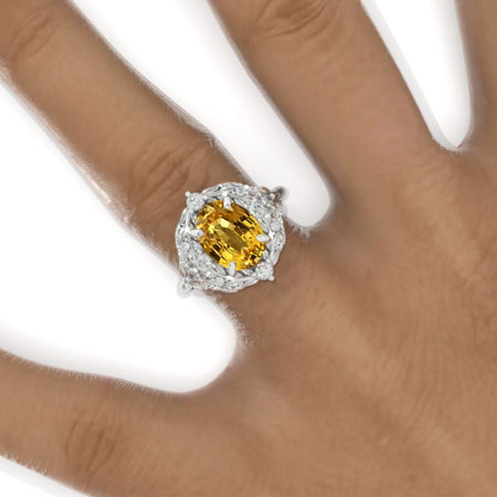 2 Carat Oval Yellow Sapphire Floral Leaves Setting White Gold Engagement Ring Model 975