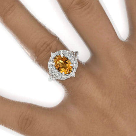 2 Carat Oval Genuine Yellow Citrine Floral Leaves Setting White Gold Engagement Ring Model 975