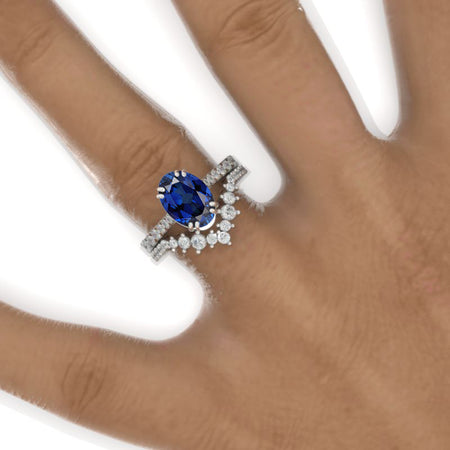 3 Carat Oval Royal Blue Sapphire Solitaire Set Engagement Ring Eternity Ring Set