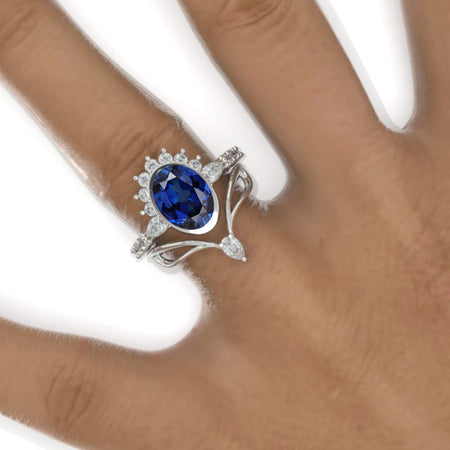 3 Carat Oval Royal Blue Sapphire Bezel Set Engagement Ring Eternity Ring Set