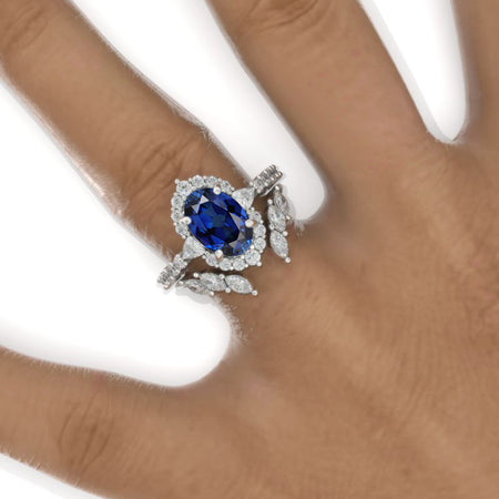 3 Carat Oval Royal Blue Sapphire Halo Engagement Ring Eternity Ring Set