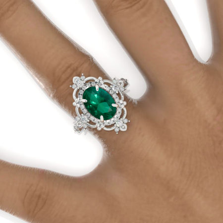 3 Carat Oval Emeralds Halo Engagement Ring 14K White Gold Ring