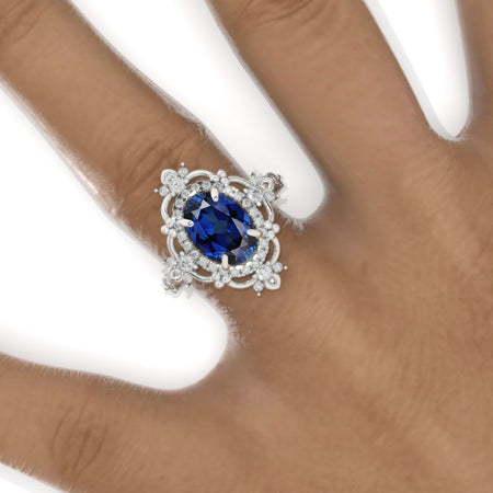 3 Carat Oval Royal Blue Sapphire Halo Engagement Ring 14K White Gold Ring