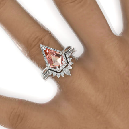 14K White Gold 3 Carat Kite Peach Sapphire Halo Engagement Ring, Rings Set Model 983-12x8