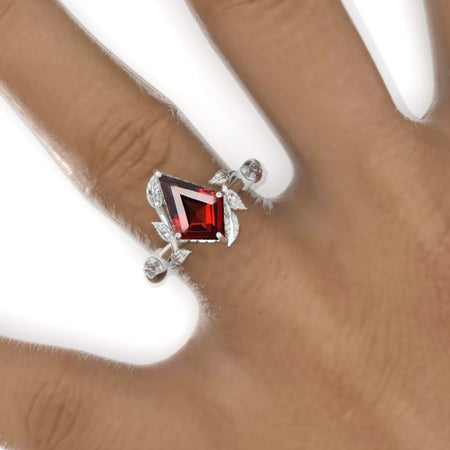 2.5 Carat Kite Ruby Twig Floral Leaf 14K White Gold Engagement Ring
