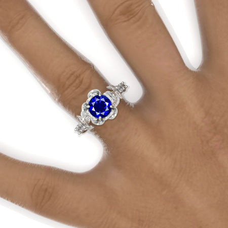 1.5 Carat Round Royal Blue Sapphire Floral Halo Engagement Ring
