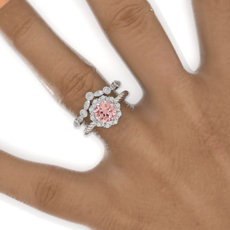 2 Carat Round Peach Sapphire Halo 14k White Gold Engagement Ring Eternity Ring Set Model 986-8mm set