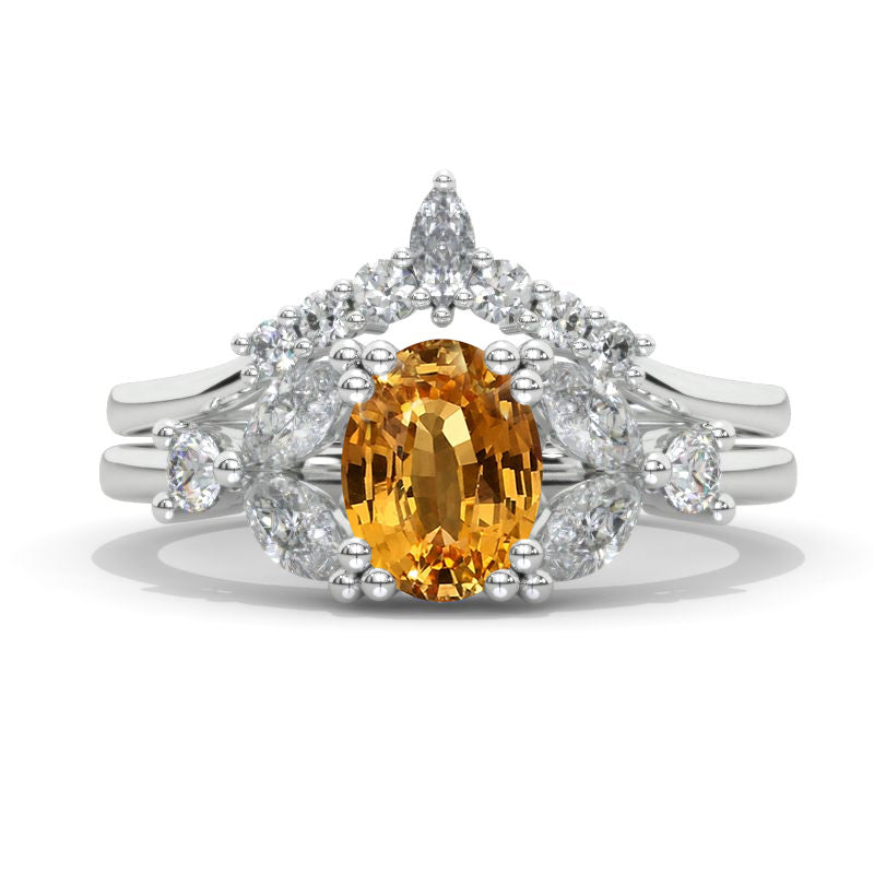 14K White Gold 1.5 Carat Oval Genuine Yellow Citrine Halo Engagement Ring Eternity Ring Set Model 835-8x6mm set