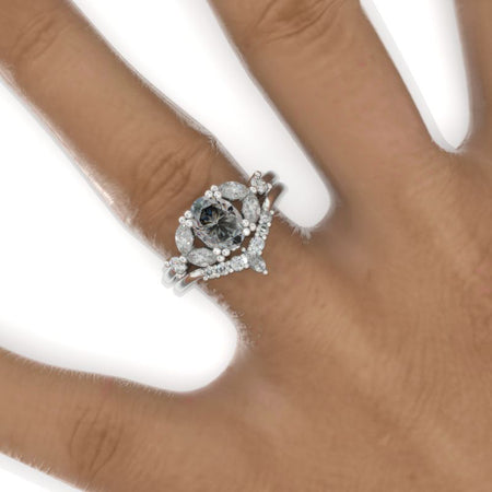 14K White Gold 1.5 Carat Oval Gray Moissanite Halo Engagement Ring Eternity Ring Set