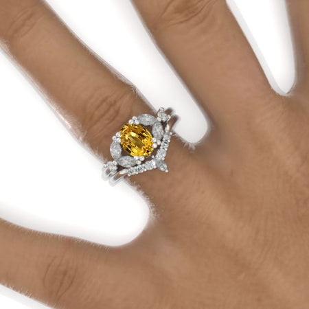 14K White Gold 1.5 Carat Oval Yellow Sapphire Halo Engagement Ring Eternity Ring Set Model 835-8x6mm set