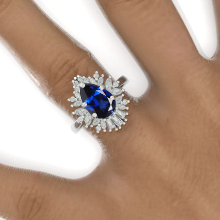 3 Carat Pear Cut Royal Blue Sapphire Halo Gold Engagement Ring