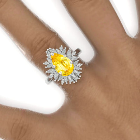 3 Carat Pear Cut Yellow Sapphire Halo Gold Engagement Ring Model 832-11x7