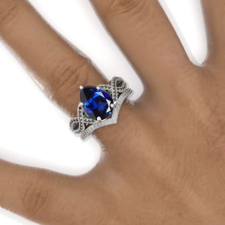 3 Carat Pear Royal Blue Sapphire Twisted 14K White Gold Engagement Eternity Ring Set