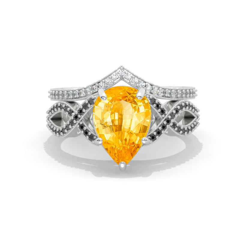 3 Carat Pear Genuine Yellow Citrine Twisted 14K White Gold Engagement Eternity Ring Set Model 970