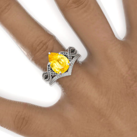 3 Carat Pear Yellow Sapphire Twisted 14K White Gold Engagement Eternity Ring Set Model 970