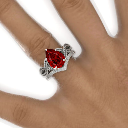 3 Carat Pear Ruby Twisted 14K White Gold Engagement Eternity Ring Set