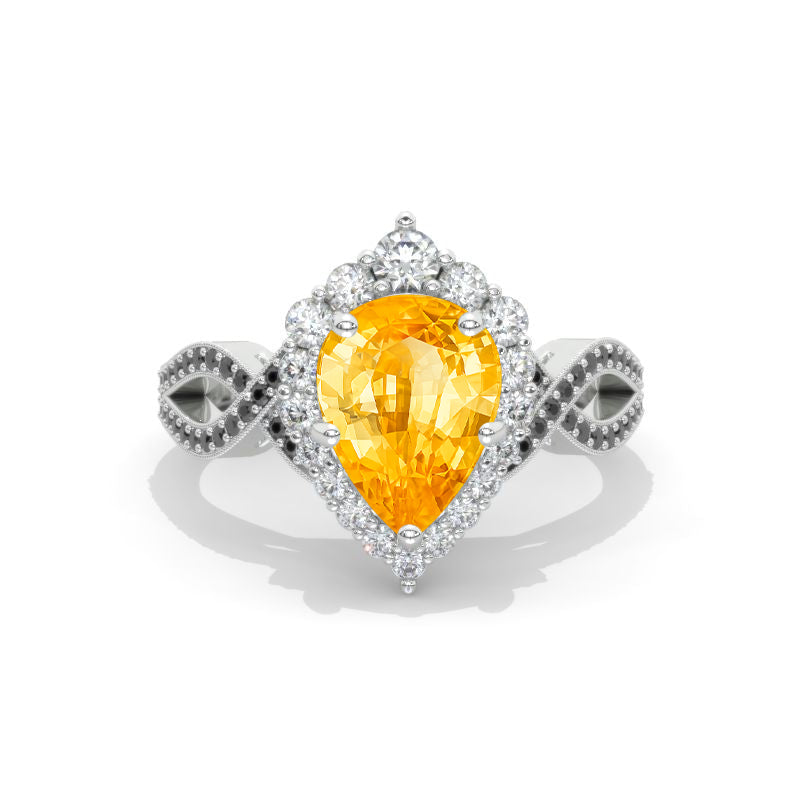 3 Carat Pear Genuine Yellow Citrine Black Twisted 14K White Gold Engagement Eternity Ring
