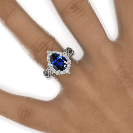 3 Carat Pear Royal Blue Sapphire Twisted 14K White Gold Engagement Eternity Ring
