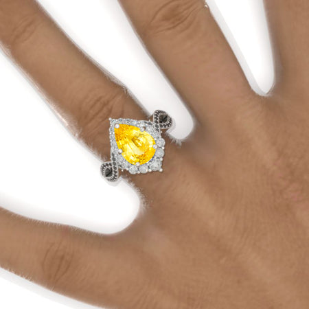 3 Carat Pear Yellow Sapphire Black Twisted 14K White Gold Engagement Eternity Ring