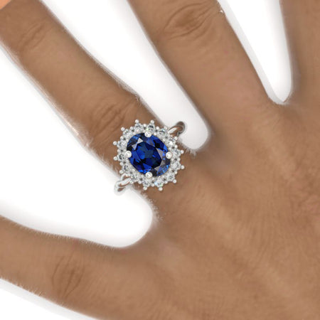 3 CT Oval Halo Royal Blue Sapphire Vintage Wedding Ring. 14K Solid Gold Engagement Ring Anniversary Ring, Baguette Double Halo Ring