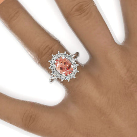3 CT Oval Halo Peach Sapphire Vintage Wedding Ring. 14K Solid Gold Engagement Ring Anniversary Ring, Baguette Double Halo Ring Model 839-10x8