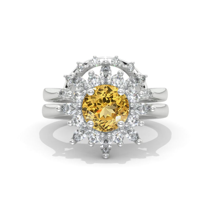 14K White Gold 2  Carat Round Genuine Yellow Citrine Halo Engagement Ring Eternity Ring Set