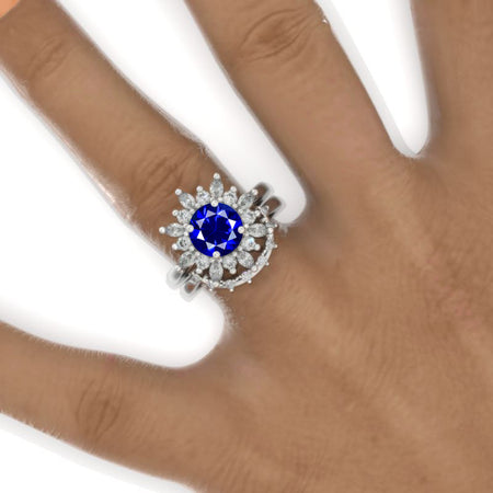 14K White Gold 2  Carat Round Royal Blue Sapphire Halo Engagement Ring Eternity Ring Set