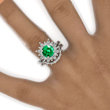 14K White Gold 2  Carat Round Emerald Halo Engagement Ring Eternity Ring Set