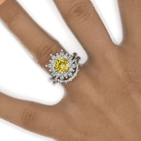14K White Gold 2  Carat Round Yellow Sapphire Halo Engagement Ring Eternity Ring Set