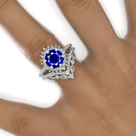 14K White Gold 2 Carat Round Royal Blue Sapphire Six Pronds Halo Engagement Ring V- Band Eternity Ring Set
